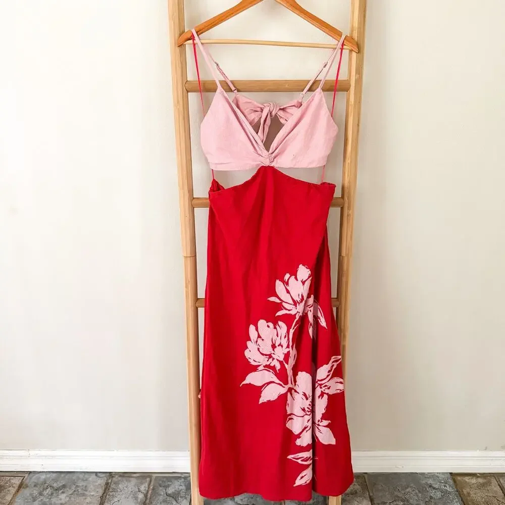 Abercrombie & Fitch Julia Slip Cutout Maxi Dress Red Pink Floral Size Large